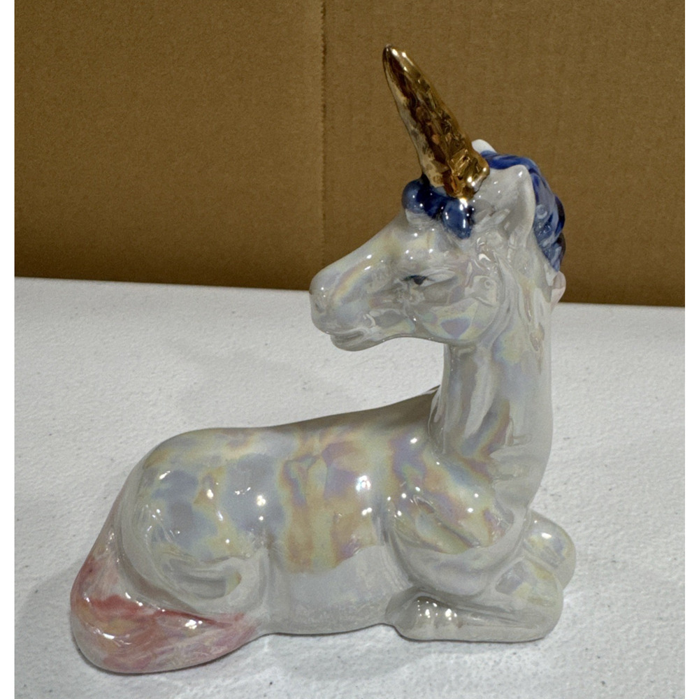 VTG Ceramic Unicorn Figurine Iridescent Lusterware Sculpture White Gold Horn